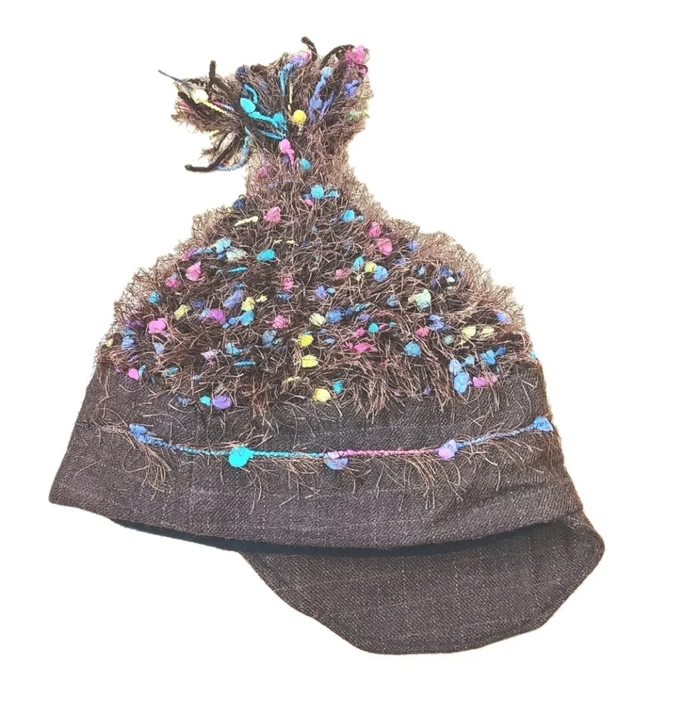 Sue Gallion Y2k Fairy Artsy Boho Brown Frilly Rainbow Confetti Beanie Hat Cap